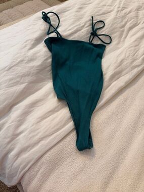 Muse Teal Ribbed One-Piece Bodysuit with Tie Shoulder Straps